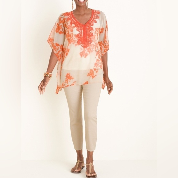 Chico’s Embroidered Printed Poncho Sz. S/M Orange Tan Sheer Batwing Summer Happy - Picture 3 of 8